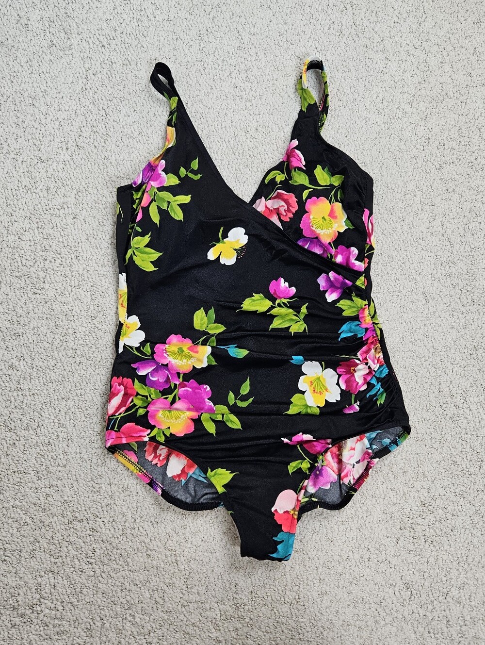 MiracleSuit Swimsuit 1pc Floral Faux Wrap Ruched Womens 14 Flattering Black